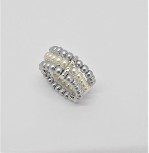 Ring elastisch rhodiniert   Perle anthrazit/weiß/Kristall