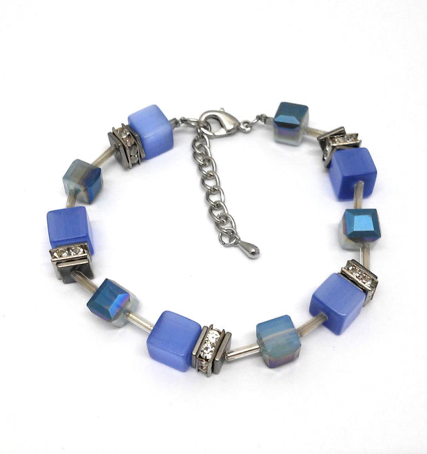 Armband rhodiniert  Würfel blau  Kristallsteine