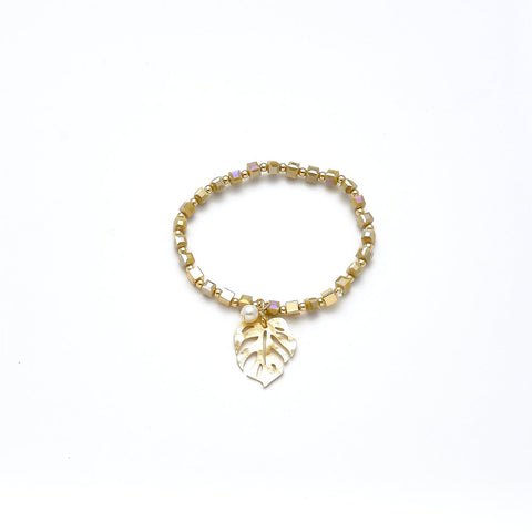 Armband "Blatt"  elastisch vergoldet   Perle creme