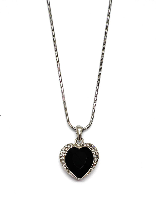 Collier  rhodiniert  Kristallsteine  Herz schwarz