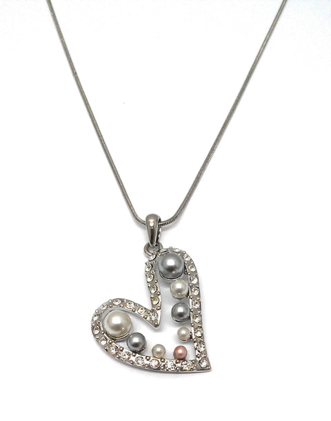 Collier " Herz" rhodiniert   Perlen bunt    Kristall