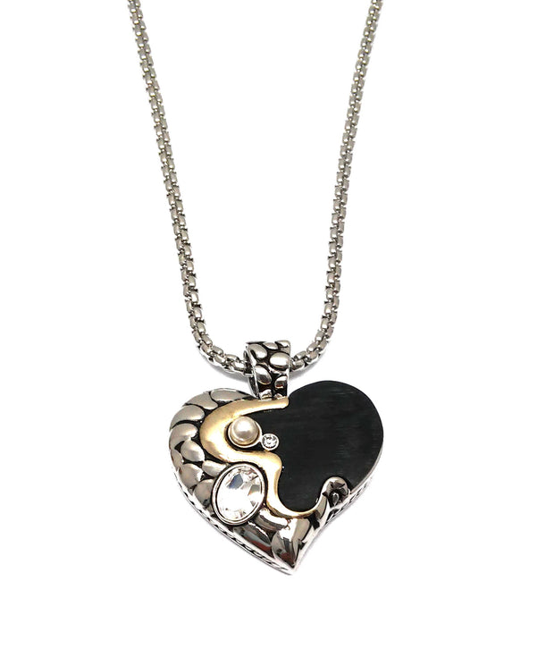 Collier "Herz" rhodiniert schwarz Perle  Kristallsteine