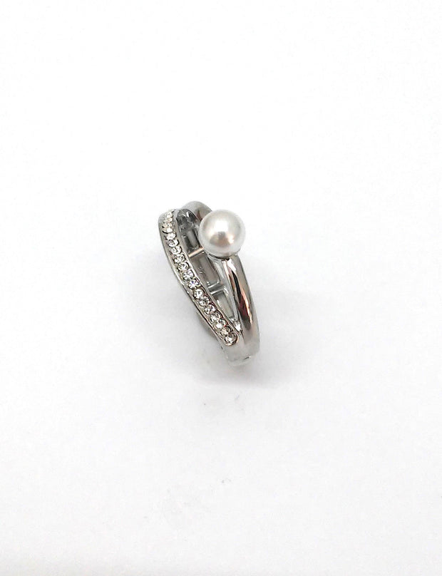 Ring elastisch rhodiniert   Perle weiß/Kristall
