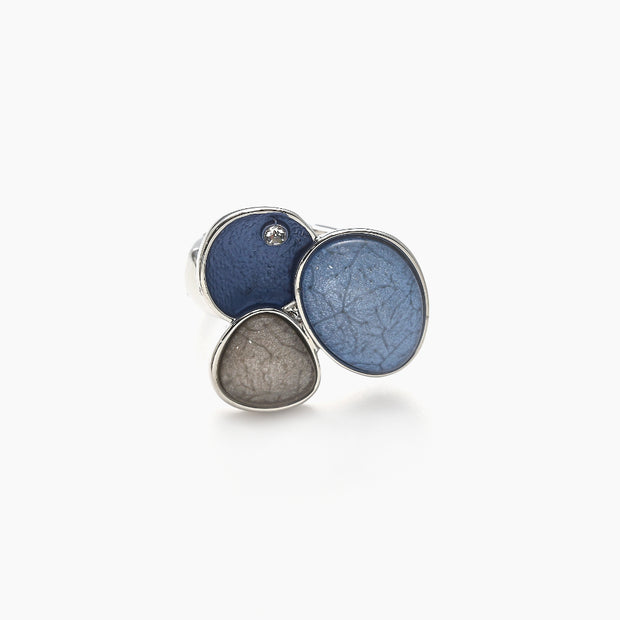 Ring elastisch rhodiniert   Kristall  Steine blau grau