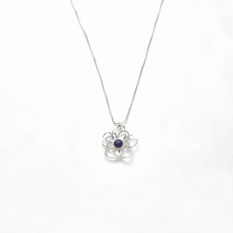 Collier versilbert     Blume  Kristall  Katzenauge dunkel blau