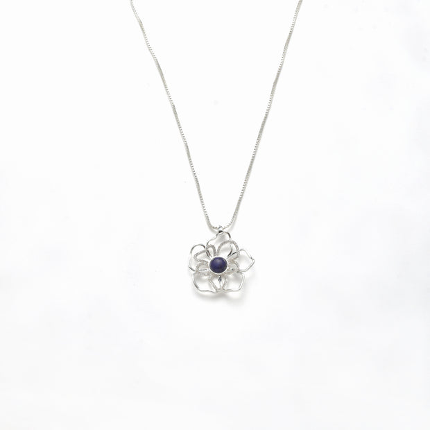 Collier versilbert     Blume  Kristall  Katzenauge dunkel blau