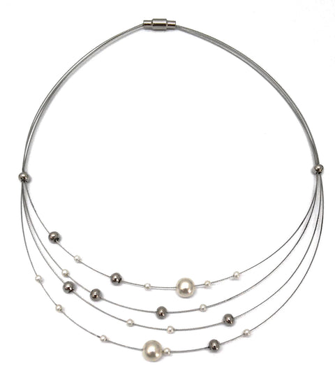 Collier 4-rhg. rhodiniert  Perlen