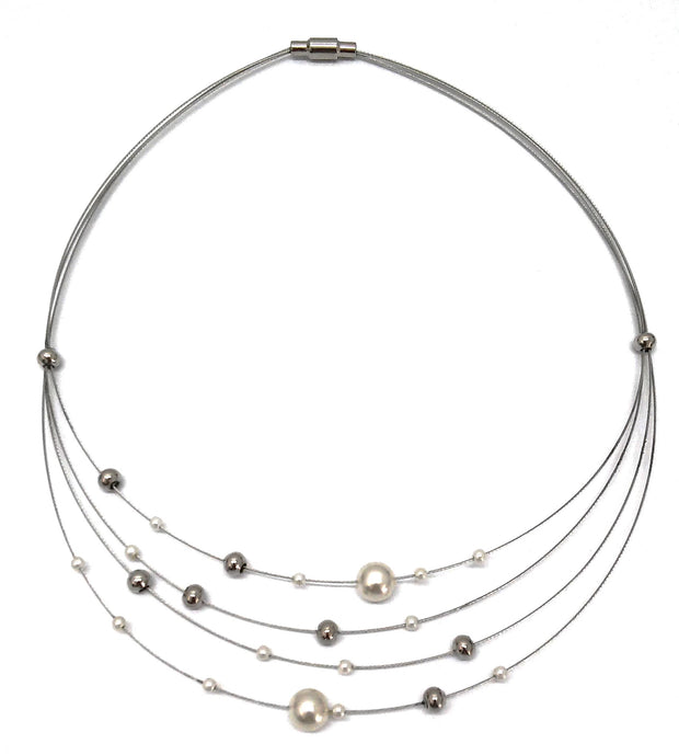 Collier 4-rhg. rhodiniert  Perlen