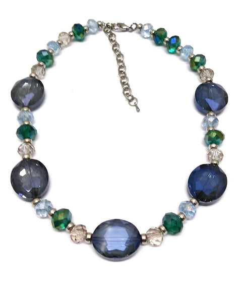 Collier rhodiniert Glassteine blau grün weiß