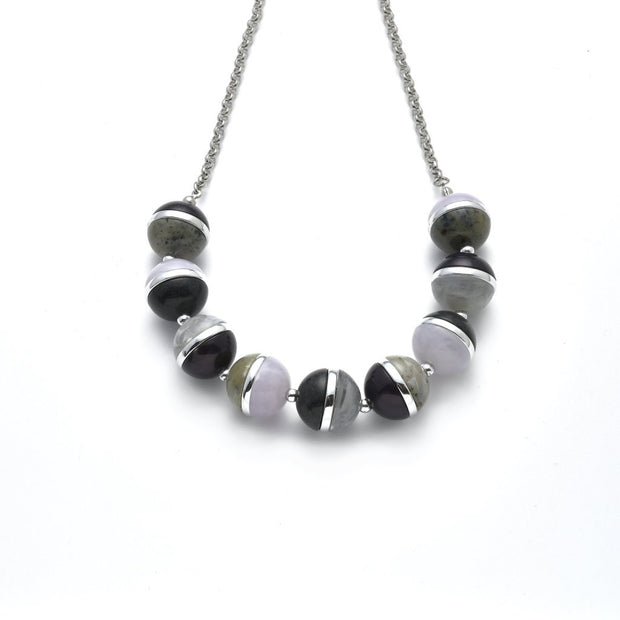 Collier rhodiniert  Kugeln lila/grau