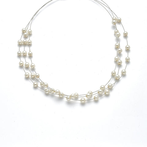 Collier 3-rhg.  rhodiniert   Perlen  creme