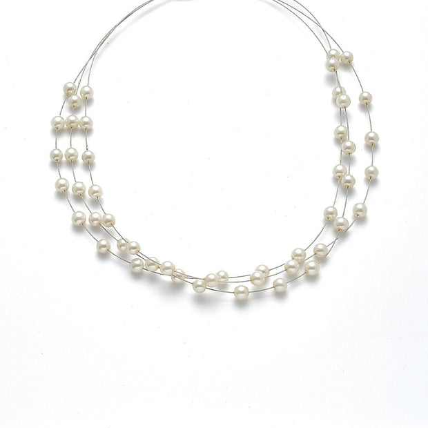 Collier 3-rhg.  rhodiniert   Perlen  creme