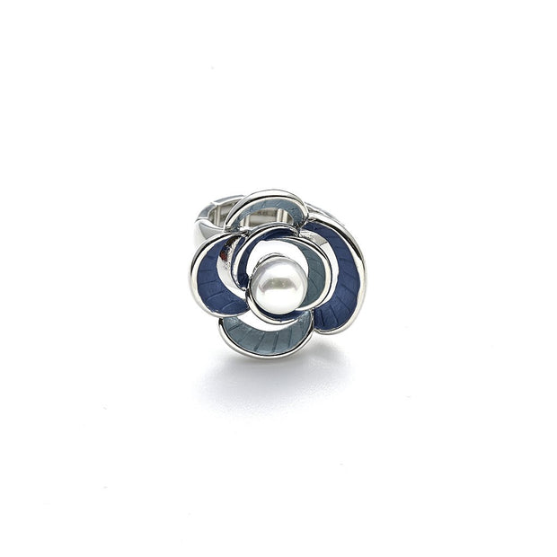 Ring elastisch rhodiniert  blau Perle weiß