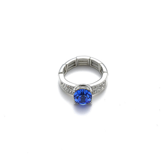 Ring elastisch rhodiniert  blauer Zirkonia/Kristall weiß