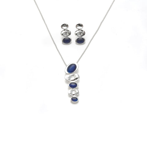 Garnitur versilbert     Katzenauge dunkel blau