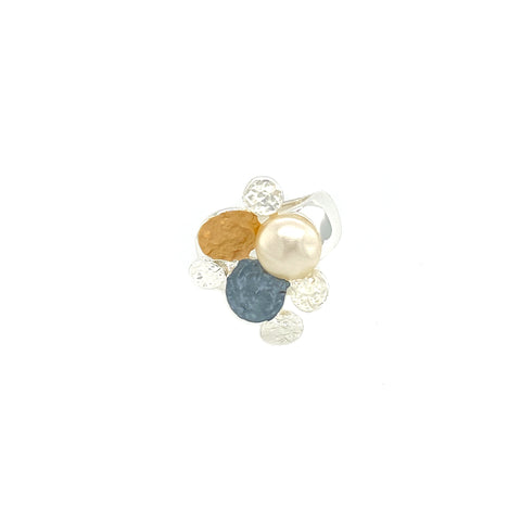 Ring elastisch rhodiniert  tri-color  Perle 