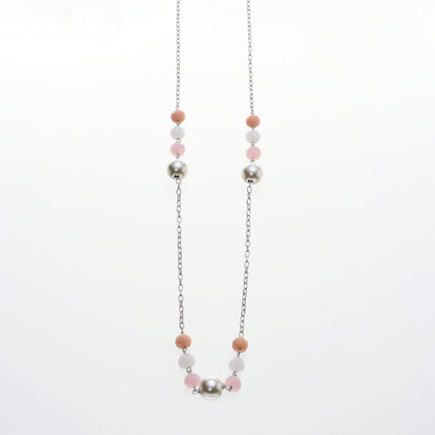 Lange Kette rhodiniert  lachs/weiß/rosa Perle   80cm
